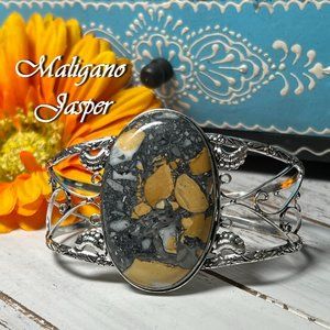 Maligano Jasper Bracelet Cuff Bangle Natural Gemstone Handmade 925 Silver Large